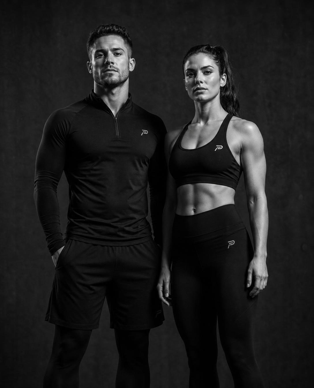 Male and female athletes in a high-contrast studio portrait